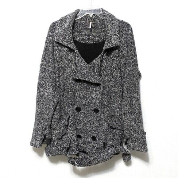 $169 Free People Slouchy Moto Jacket - Belted Trench Pea Coat Black Tweed SMALL - Picture 2 of 9